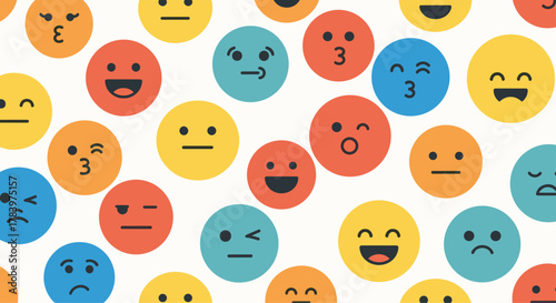 Lively seamless pattern bursting with a vibrant array of colorful emoji faces, each displaying a different emotion and expression, creating a cheerful background.