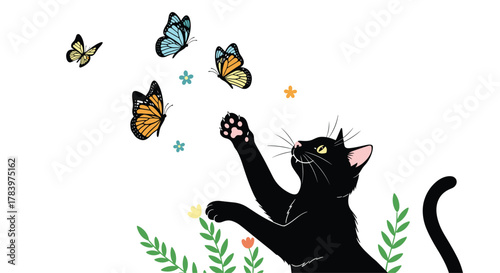 Elegant black cat playfully batting at vibrant butterflies, surrounded by cheerful small flowers and lush green foliage, capturing a joyful moment.