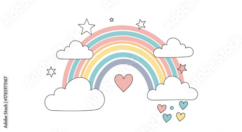 Dreamy illustration of a pastel rainbow arching between fluffy clouds, adorned with scattered stars and raining gentle hearts, symbolizing hope and joy.