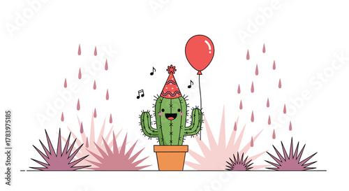 Joyful cartoon cactus character wearing a festive party hat, happily holding a red balloon, surrounded by whimsical desert plants and gentle raindrops.