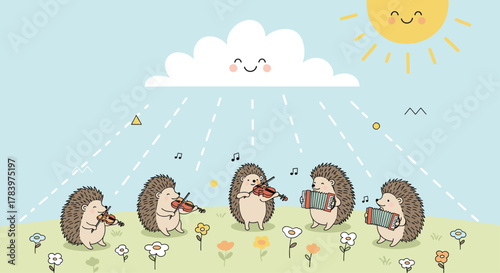 Delightful scene portrays a cheerful hedgehog band playing musical instruments under a smiling cloud and sun, surrounded by a vibrant field of flowers.