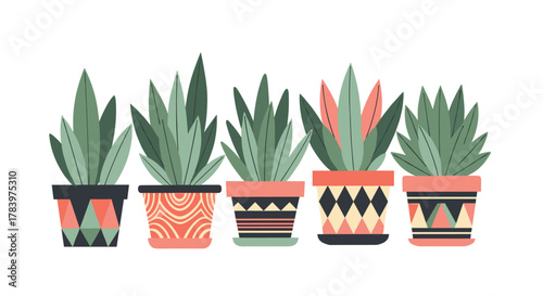 Stylish row of diverse potted succulent plants, each in a uniquely patterned pot, creating a vibrant and modern botanical display for home decor.