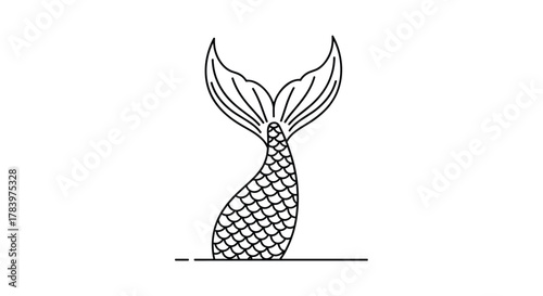 Elegant line art illustration depicts a graceful mermaid tail with intricate scale patterns, emerging from the water, evoking a sense of oceanic fantasy.