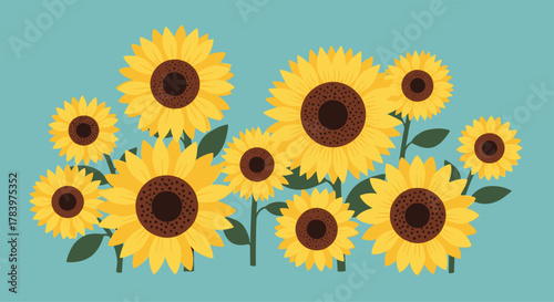 Radiant illustration showcases a vibrant field of cheerful sunflowers with bold yellow petals and brown centers, set against a calming blue background, embodying summer joy.