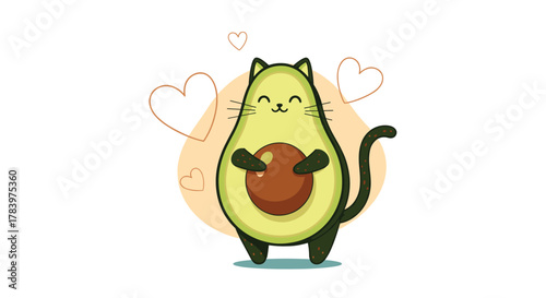 Whimsical illustration features an adorable cartoon cat with a unique avocado-shaped body, surrounded by floating hearts, combining cuteness with healthy food.
