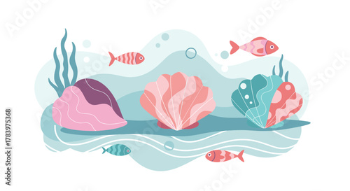 Serene underwater scene featuring colorful seashells resting on the seabed, surrounded by graceful seaweed and playful fish swimming amidst gentle waves.