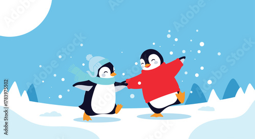 Joyful illustration portrays two adorable penguins happily ice skating and holding hands in a picturesque snowy landscape under a bright winter sun.