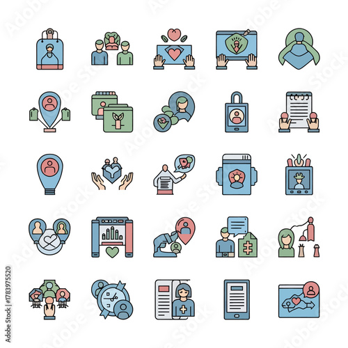 Modern flat line icon set for social media, online community, digital communication, and human connection, perfect for web, mobile apps, and interactive designs