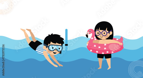 Lively illustration depicts two happy children enjoying a summer swim, one snorkeling underwater and the other floating playfully in a pink flamingo tube.