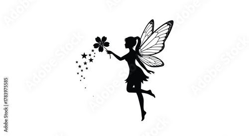 Captivating silhouette of a beautiful fairy with intricate wings, holding a mystical flower that magically disperses a shower of sparkling stars.