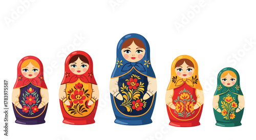 Exquisite collection of five traditional Russian nesting dolls, known as Matryoshka dolls, showcasing intricate floral patterns and vibrant colors, representing rich cultural heritage.