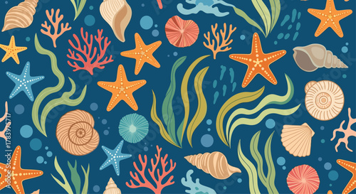 Vibrant and detailed seamless underwater pattern featuring colorful starfish, seashells, coral, and various seaweed elements, all against a deep blue background.