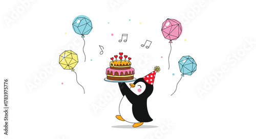 Adorable cartoon penguin wearing a party hat, happily carrying a two-tiered birthday cake, surrounded by colorful balloons and musical notes, celebrating an event.