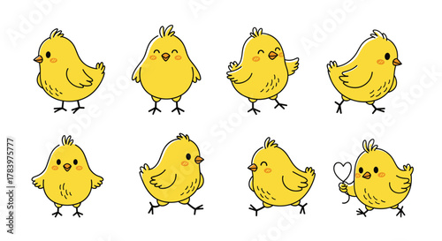 Delightful collection of eight cute and fluffy yellow chicks in various playful poses and expressions, some holding hearts, perfect for Easter or baby themes.