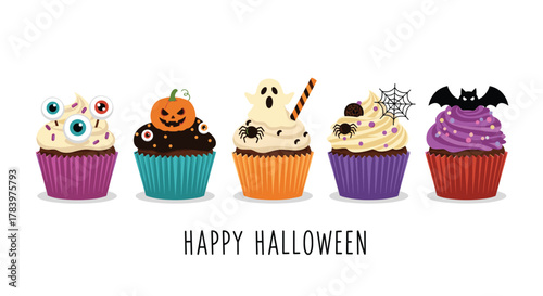 Delicious and spooky lineup of five vibrantly decorated Halloween cupcakes, each with unique themes like eyeballs, pumpkins, ghosts, and bats, on a white background.