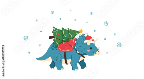 Adorable blue triceratops dinosaur wearing a Santa hat and carrying a decorated Christmas tree on its back, surrounded by falling snowflakes, celebrating winter holidays.
