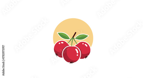 A cluster of three vibrant red cherries with green leaves, set against a soft yellow circular background, symbolizing sweetness, summer, and natural delight.