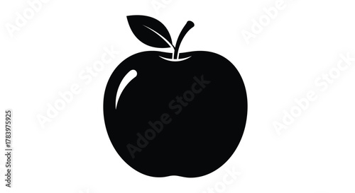 A striking black silhouette of an apple with a single green leaf, representing simplicity, elegance, and a classic symbol of health and knowledge.