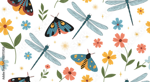 Enchanting seamless pattern adorned with elegant dragonflies, vibrant moths, and delicate flowers and leaves, creating a whimsical and natural insect and floral design.