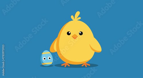 An adorable yellow chick standing next to a blue Easter egg with a cheerful expression, embodying the spirit of Easter and new beginnings in a cute design.