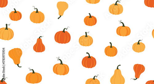 A delightful seamless pattern of pumpkins and gourds in various shapes and sizes, in warm orange and yellow hues, perfect for autumn and harvest themes.