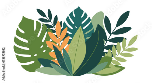 A lush arrangement of tropical leaves in various shades of green and hints of orange, creating a dense and vibrant backdrop, perfect for nature and exotic themes.