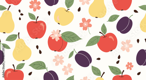 Delightful seamless pattern showcasing a cheerful mix of red apples, yellow pears, and purple plums, interspersed with tiny blossoms and seeds, on a light background.