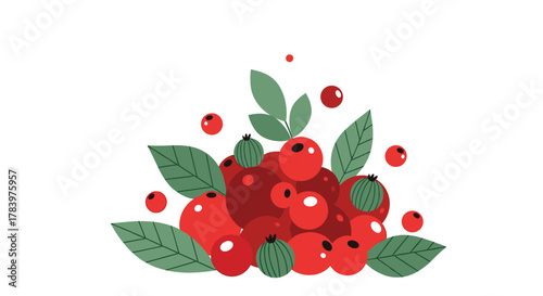 A generous pile of red berries and assorted green leaves, with a few small green berries interspersed, creating a rich and abundant natural harvest display.