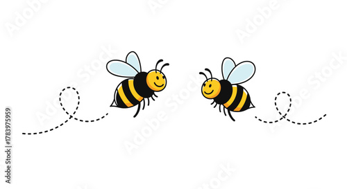 Two cheerful cartoon bees with dotted flight paths, flying towards each other, embodying friendship, teamwork, and the buzz of nature in a playful design.