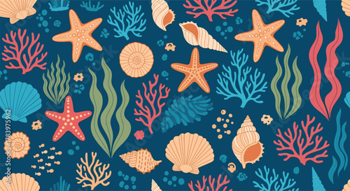 Vibrant and diverse seamless underwater pattern featuring colorful starfish, seashells, coral, and various seaweed elements, all against a dark blue background.