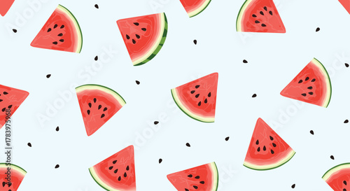 A vibrant and refreshing seamless pattern of watermelon slices scattered on a light blue background with black seeds, evoking summer fun and fruity delight.