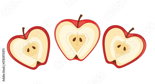 Three heart-shaped cross-sections of red apples, revealing their core and seeds, artistically arranged to symbolize love, passion, and healthy indulgence.