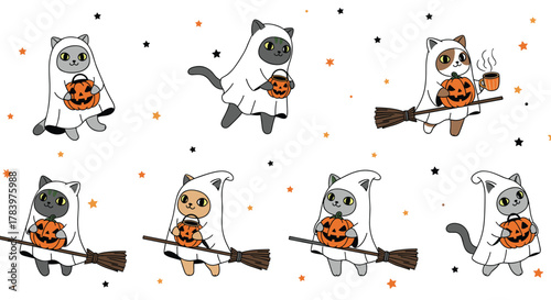 Adorable and humorous collection of cats dressed in cute ghost costumes, some holding pumpkins or riding brooms, scattered across a starry white background, for Halloween.