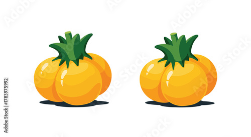 Two plump, golden-yellow pumpkins with green stems and leaves, presented with subtle shading and a shadow, perfect for autumn and harvest-themed designs.