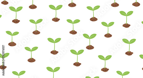 A busy seamless pattern of small green seedlings emerging from brown soil, symbolizing growth, new beginnings, and the promise of spring.