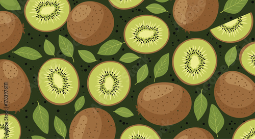 Lush and vibrant seamless pattern showcasing whole and sliced kiwifruit, revealing their green flesh and tiny black seeds, surrounded by fresh leaves, on a dark background.
