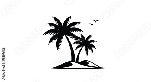 A striking black silhouette of a tropical island with two palm trees and two birds flying in the sky, symbolizing vacation, paradise, and relaxation.