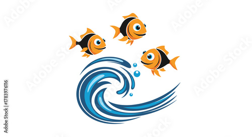 Three cheerful orange and black fish swimming joyfully through blue waves with bubbles, symbolizing fun, playfulness, and the excitement of the ocean.