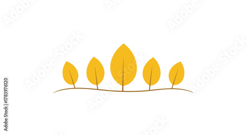 A minimalist illustration of five stylized trees with golden-yellow leaves lined up on a brown curve, symbolizing autumn, change, and nature's cycle.