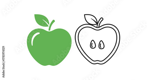 A vibrant green apple next to its outlined counterpart, showing the cross-section with seeds, perfect for healthy eating and food themes.