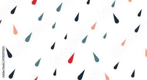 A playful pattern of colorful raindrops in red, blue, teal, and peach scattered across a white background, suitable for weather or abstract themes.