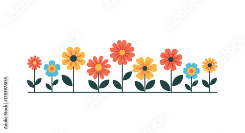 A cheerful border of colorful flowers in yellow, red, and blue, set against a clean white background, perfect for spring and garden themes.