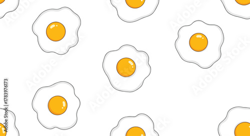 A repeating pattern of sunny-side-up fried eggs with bright yellow yolks and white edges, on a white background, ideal for breakfast and food themes.