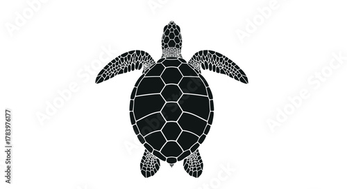 A bold black silhouette of a sea turtle swimming, with detailed hexagonal patterns on its shell and flippers, suitable for marine themes.
