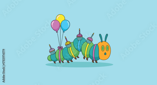 Whimsical and adorable caterpillar wearing miniature party hats and carrying colorful balloons, with cupcakes on its segments, celebrating a delightful birthday event.