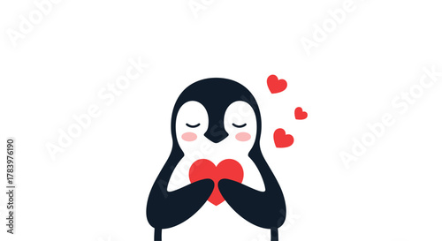 Adorable and sweet illustration of a cute penguin holding a vibrant red heart close to its chest, surrounded by floating hearts, symbolizing love and affection.
