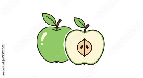 A crisp green apple shown whole alongside a detailed cross-section revealing its seeds and core, representing freshness and healthy eating, ideal for food and education.
