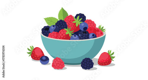 A bowl overflowing with fresh berries like strawberries, blueberries, raspberries, and blackberries, with scattered berries around, perfect for healthy food themes.