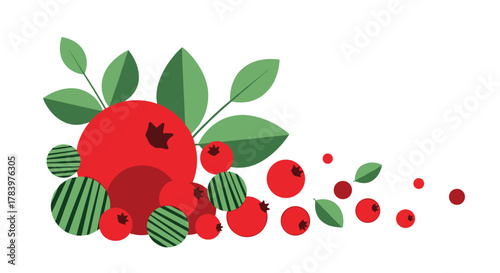 A vibrant arrangement of red berries and green leaves in a dynamic composition, suggesting freshness and natural abundance, ideal for food and seasonal designs.