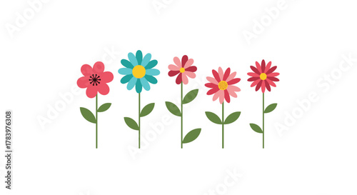 A row of five colorful cartoon flowers in pink, red, and blue with green stems, blooming against a white background, perfect for spring and garden themes.